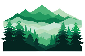 Green Toned Mountain and Forest Layers with Pine Trees Abstract