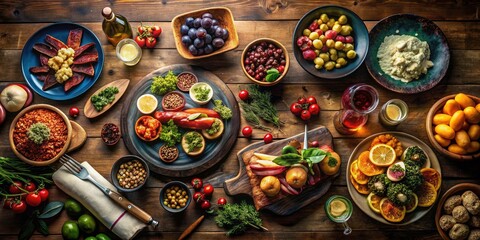 Macro Food Photography: Top View Table of Delicious Dishes, Close-up Food Textures, Overhead Food Shot, Culinary Still Life
