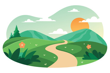 Obraz premium Landscape View of Serene Hills, Winding Path, Green Fields, Trees, Flowers and Sky