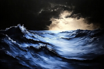 Dramatic seascape with crashing waves under a stormy sky illuminated by mysterious glowing light
