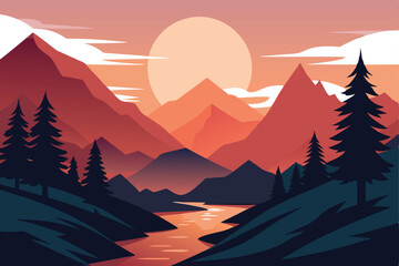 Minimalist Mountain Landscape River, Trees, Sunset, Calm, Nature, Scenery and Serenity