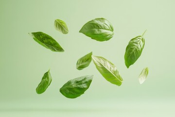 Green basil leaves floating against a pastel green background