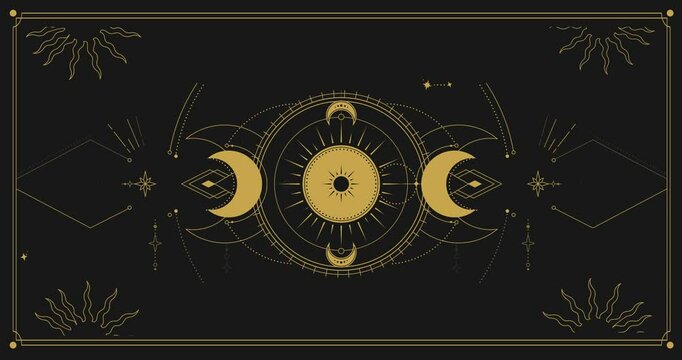 Moon phases. Moving banner with magical astrological symbols with mysterious geometry and crescent moon stages. Sacred lunar activity. Flat outline animated graphics