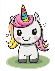 Naklejka premium Rainbow Mane Unicorn: A whimsical illustration of a charming unicorn with a vibrant rainbow mane, exuding cuteness and magic, perfect for children's designs.
