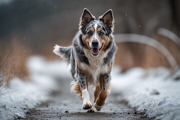 A joyous blue merle border collie sprints towards the camera on a snowy path, a blur of motion and...