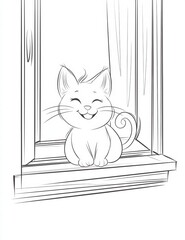 Smiling Cat in Window: A cute illustrated cat sits contentedly on a windowsill, looking out with a playful smile. Simple, gentle lines create an intimate feeling.