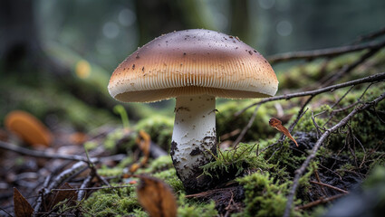 A solitary mushroom, a silent sentinel in the mystical depths of the forest, exhibiting earthy tones and a soft mossy bed.