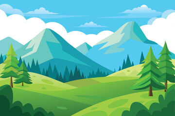 Fototapeta premium Mountain Flat Landscape with Sky, Clouds, Green Hills and Trees in Sunny Weather