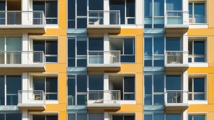 Obraz premium Modern Yellow Apartment Building Facade With Balconies And Windows