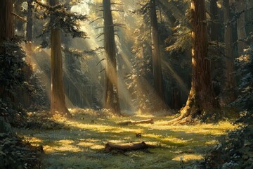 Obraz premium Enchanted Forest Where Sunlight Paints Streaks of Gold Through Majestic Trees