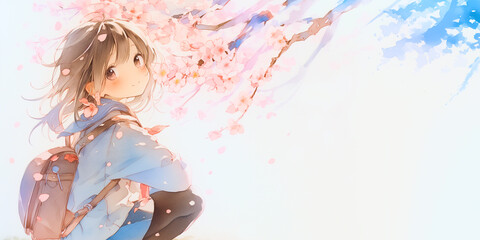 桜の舞い散るなか、しゃがんで微笑みかける少女。水彩、新生活イラスト、水彩画、バナー素材、春の素材、背景、素材。