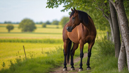 A majestic chestnut mare stands serenely along a sun-dappled country lane, bathed in soft light and framed by lush green foliage. © m.naeem