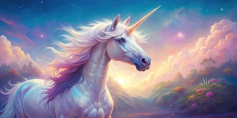 Fototapeta premium Magical Pastel Unicorn Landscape, Glittering Horn, Fantasy Art, Dreamy Scene, Enchanted Forest