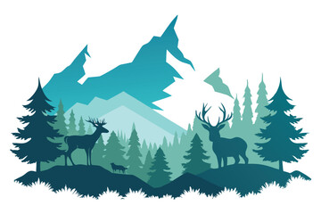 Mountain Silhouette with Pine Trees and Deer Wildlife in Teal & Turquoise