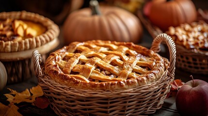 A basket of freshly baked pumpkin and apple pies.