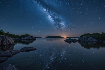 Celestial River: A tranquil lake mirroring the Milky Way's majestic arc across a starlit night, showcasing serene dark waters and silhouetted rocky shores. © m.naeem