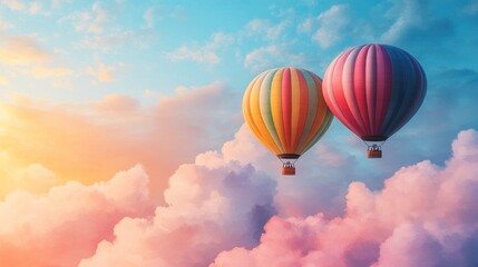 Fototapeta premium Two Colorful Hot Air Balloons Floating Over Watercolor Clouds