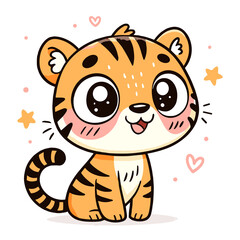 Obraz premium Adorable kawaii-style tiger illustration with big eyes, blushing cheeks, and playful accents. Clean vector execution perfect for children’s products, stickers, or educational materials.