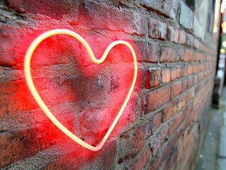 A glowing neon heart illuminates a textured red brick wall