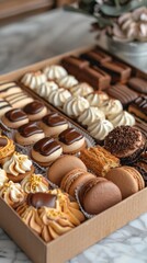 Assorted gourmet pastries in a gift box on a marble surface with plants in the background