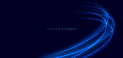 Blue curved swirl beams on dark blue background. Speed motion moving movement concept.