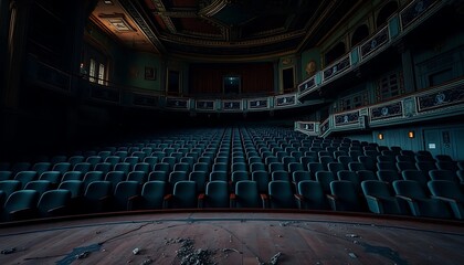 Naklejka premium An abandoned and decaying theater with rows of seating displayed