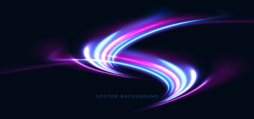 Blue and pink curved neon beams on dark blue background. High speed motion moving concept.