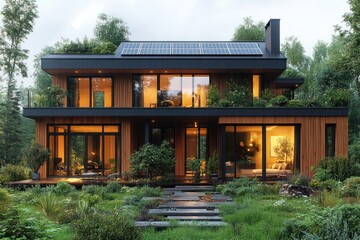 Naklejka premium Modern solar home in forest at dusk, lit interior, green roof