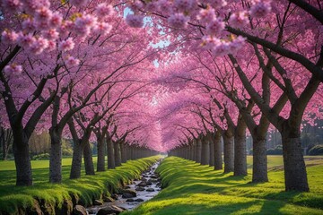A breathtaking tunnel of vibrant pink cherry blossoms framing a tranquil stream, bathed in soft...