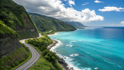 Aerial view of an old Italian town showing old rooftops and a bustling Sicilian market in the town square overlooking the azure sea.	

