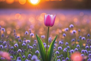 A single pink tulip basks in the golden sunset, a symbol of hope and resilience amidst a sea of...