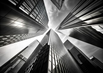 Minimalist Black and White Skyscrapers, Low Angle Cityscape, Geometric Architecture, Modern Building Reflections, Skyward