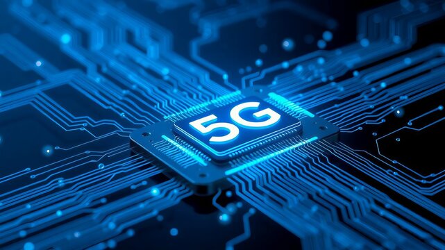Futuristic mobile chip emitting blue waves and signals, symbolizing high-speed 5G connectivity and efficient data processing.