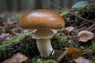 A captivating brown mushroom, glistening with morning dew, thrives in a mossy forest floor, showcasing nature's delicate beauty in soft, natural light.