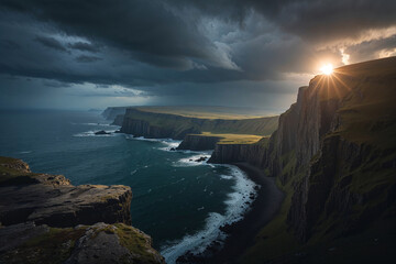 Dramatic coastal cliffs bathed in the golden light of a setting sun, a breathtaking display of...