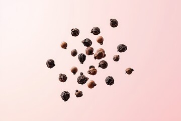 Scattered black peppercorns floating against a softly colored backdrop