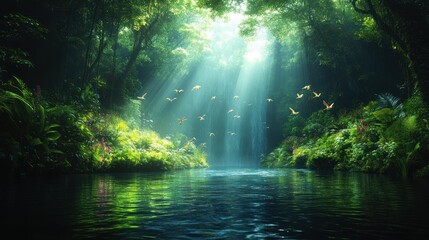 Obraz premium Sunlit jungle waterfall with birds, lush foliage, tranquil river