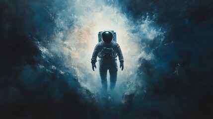 A Lone Figure in Sleek Silver – An Astronaut Ascending into the Cosmos, Exploring the Infinite Frontier of Space