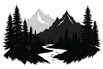 Silhouette Landscape with Pine Trees, Mountains, and River Design