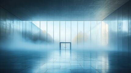 Fototapeta premium Foggy modern gallery interior, glass wall, park view, art exhibition space