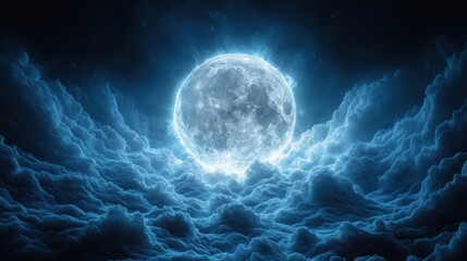 Obraz premium Bright full moon rising above dramatic, swirling night sky clouds