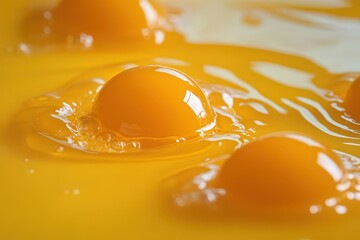 Bright close up image showcases raw egg yolks and liquid whites