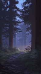 Obraz premium redwood forest, photo realistic, low contrast, foggy