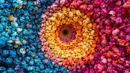 Colorful popcorn tunnel, vibrant colors, spiral design, whimsical background