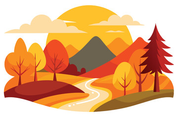 Stylized Autumn Landscape with Vibrant Trees, Mountains, Clouds, and a Winding Path