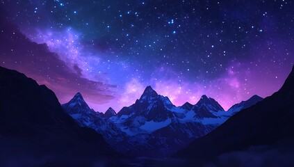 Beautiful fantasy starry night sky, blue and purple colorful, galaxy and aurora 4k wallpaper. cosmic watercolor illustration. Colorful space background with stars