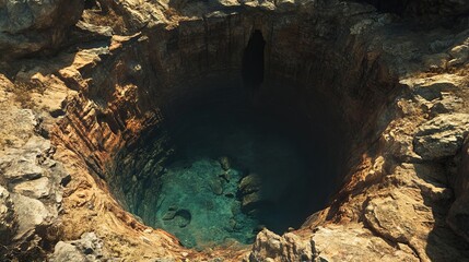 A deep pit revealing the entrance to an ancient underground world. 