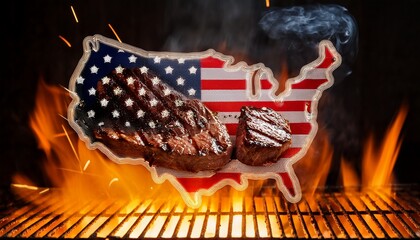 grilled steak usa shaped like united states on fire grilling on barbecue