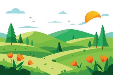 Naklejka premium Sunny Countryside Flat Design With Green Hills, Orange Tulips, Pine Trees & Light Clouds