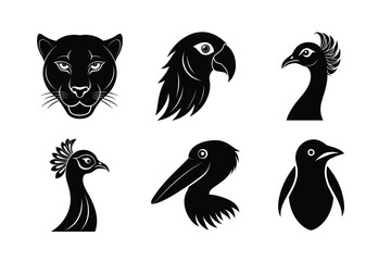 Various types of animal head silhouette vector illustration